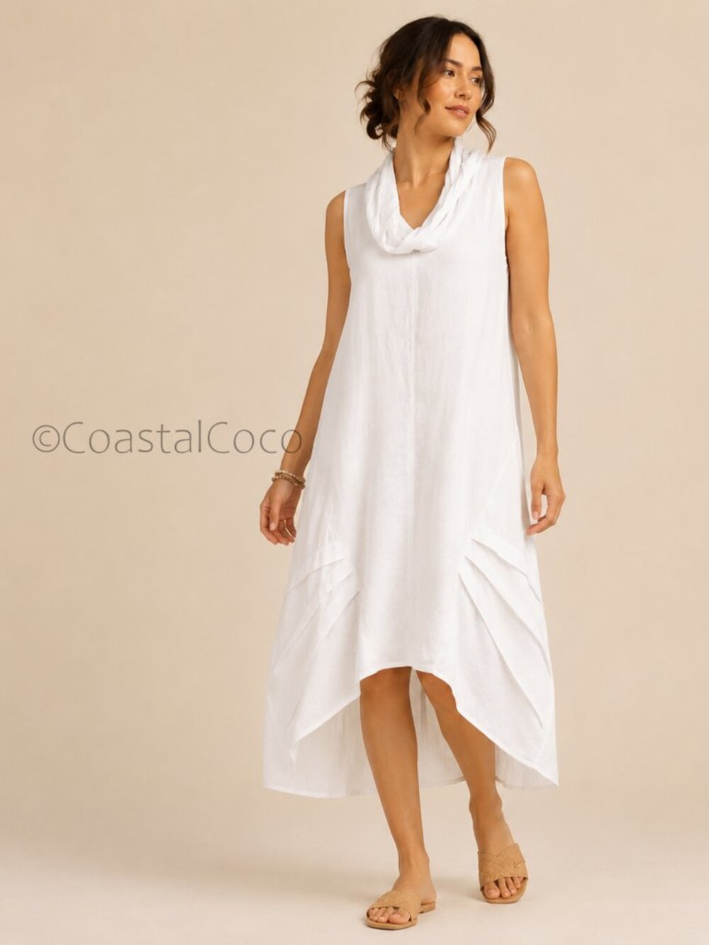 For Cynthia Dress 1X White Linen Blend Cowl Neck HiLow Resortwear Coastal Cruise